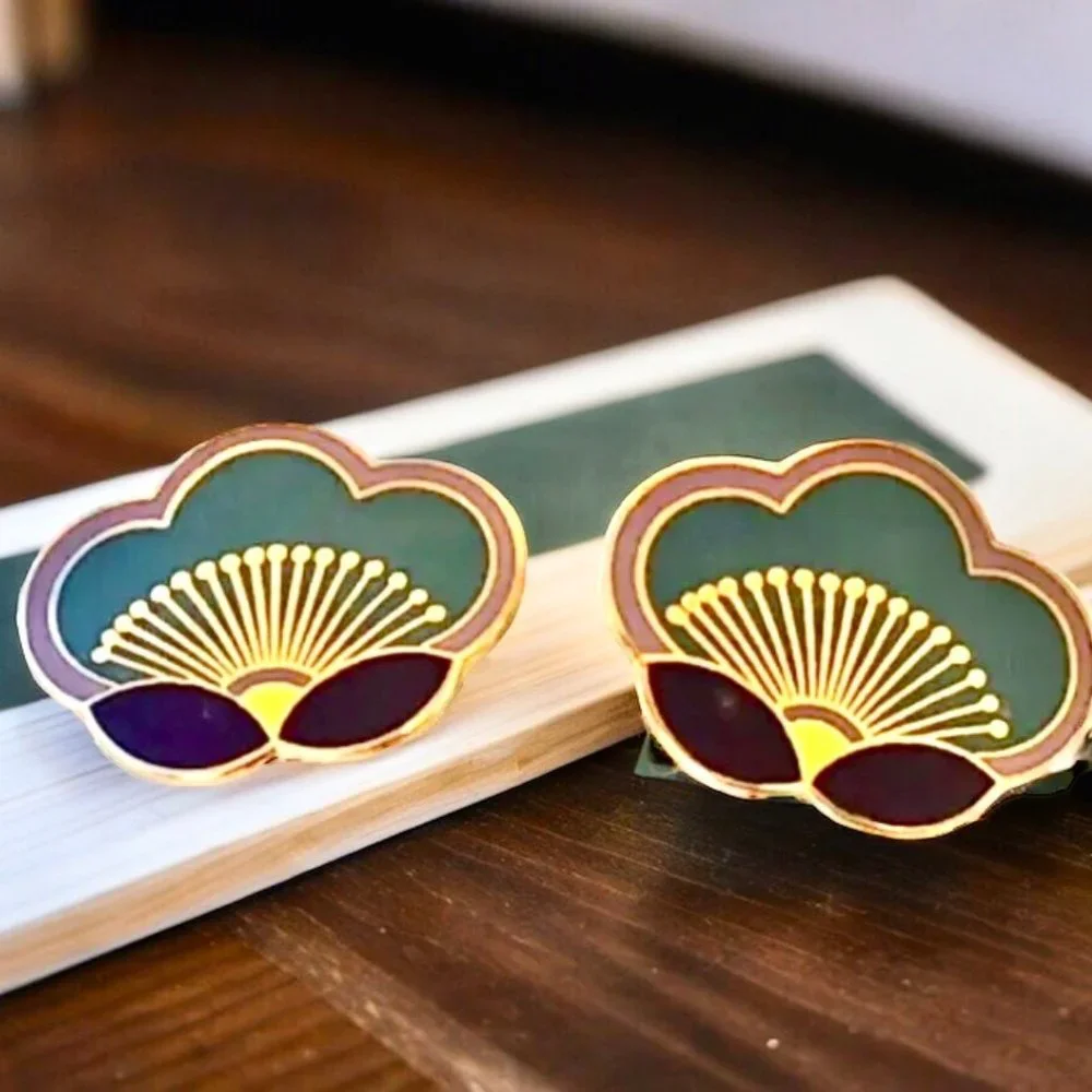 Laurel Burch Clip-On Enamel Earrings Plum Blossom Signed Vintage - Picture 4 of 12